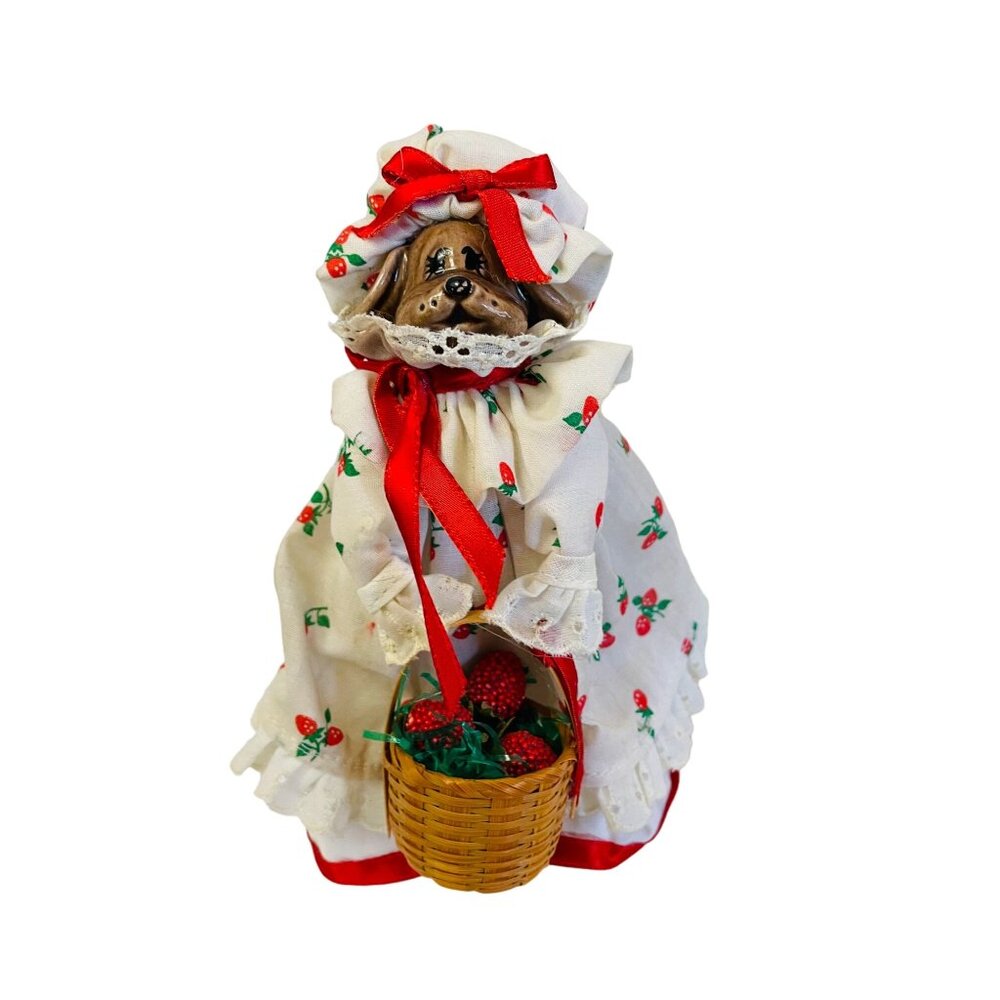 Vintage Ceramic Dog Figurine Strawberry Dress Basket Handcrafted Collectible Hom